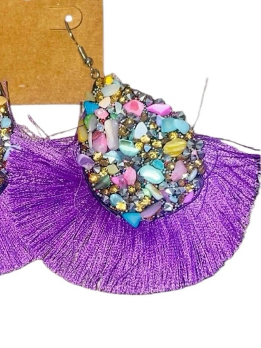 NWT Anthropologie Tassel Earrings Purple Fringe Multicolor Stone Crystals NEW